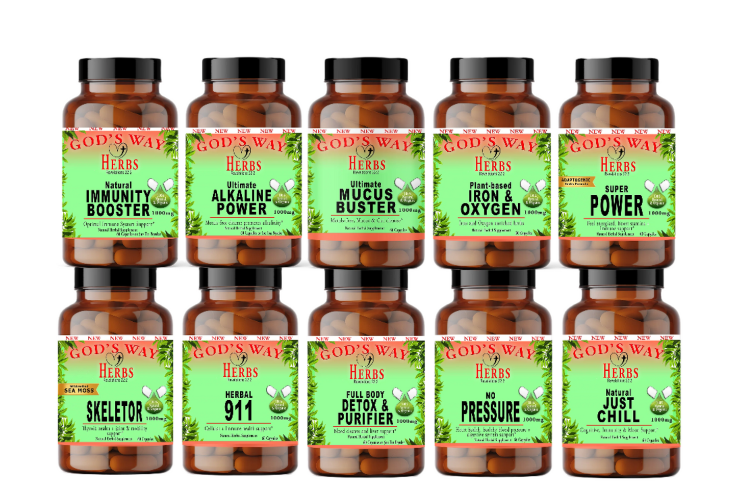 Herbal Supplements Wellness Package #4 by Gods Way Herbs includes 2 Full Body Detox & Purifier 60ct, 2 No Pressure 60ct heart health and digestion formula, 2 Herbal 911 60ct promotes cellular wellness and immunity, 2 Just Chill 60ct Calming Mood Support and Skeletor joint and mobility and thyroid health support