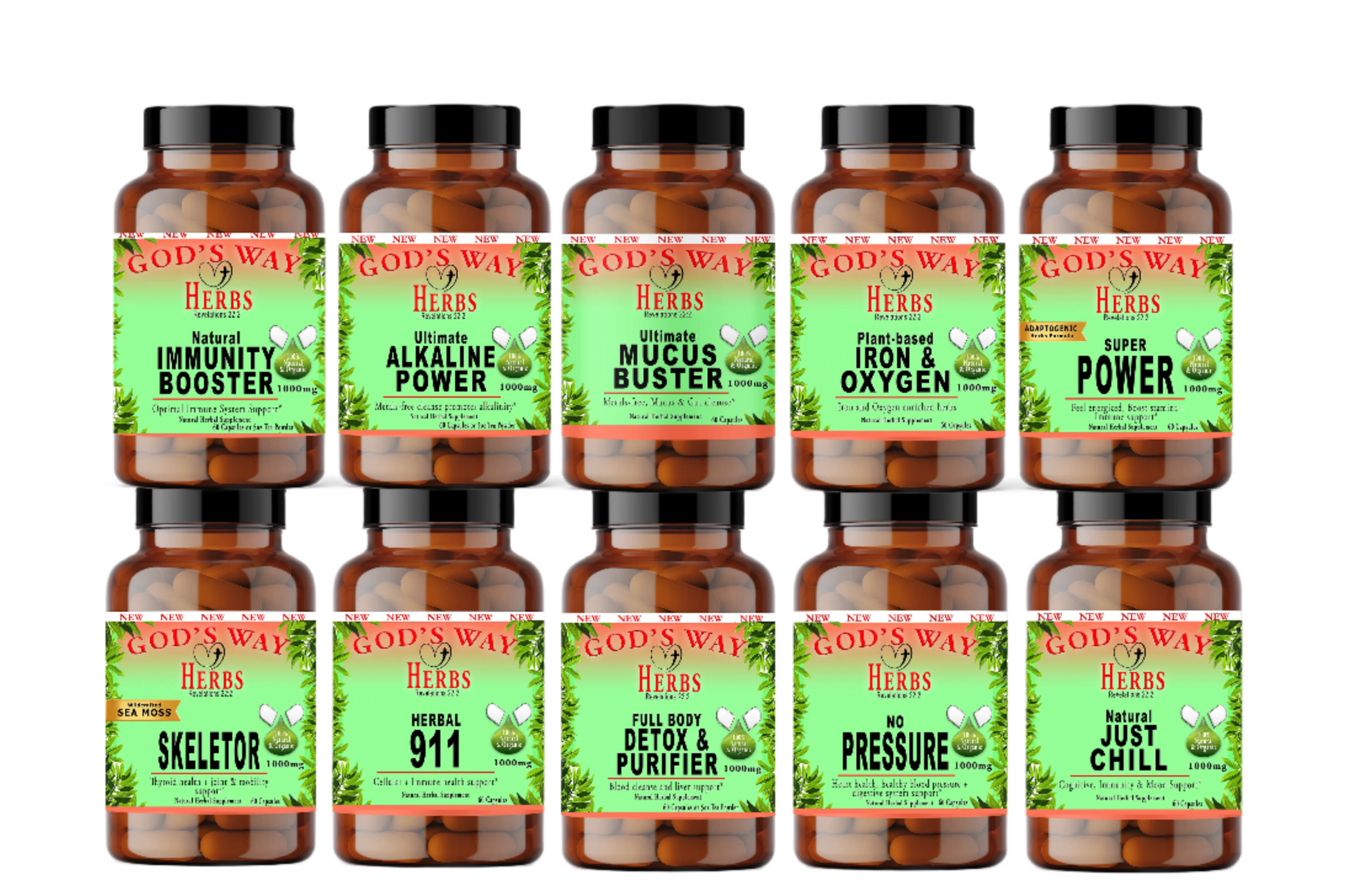 Herbal Supplements Wellness Package #4 by Gods Way Herbs includes 2 Full Body Detox & Purifier 60ct, 2 No Pressure 60ct heart health and digestion formula, 2 Herbal 911 60ct promotes cellular wellness and immunity, 2 Just Chill 60ct Calming Mood Support and Skeletor joint and mobility and thyroid health support