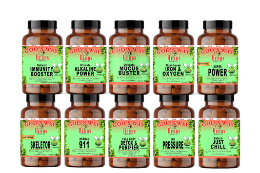 Herbal Supplements Wellness Package #4 by Gods Way Herbs includes 2 Full Body Detox & Purifier 60ct, 2 No Pressure 60ct heart health and digestion formula, 2 Herbal 911 60ct promotes cellular wellness and immunity, 2 Just Chill 60ct Calming Mood Support and Skeletor joint and mobility and thyroid health support
