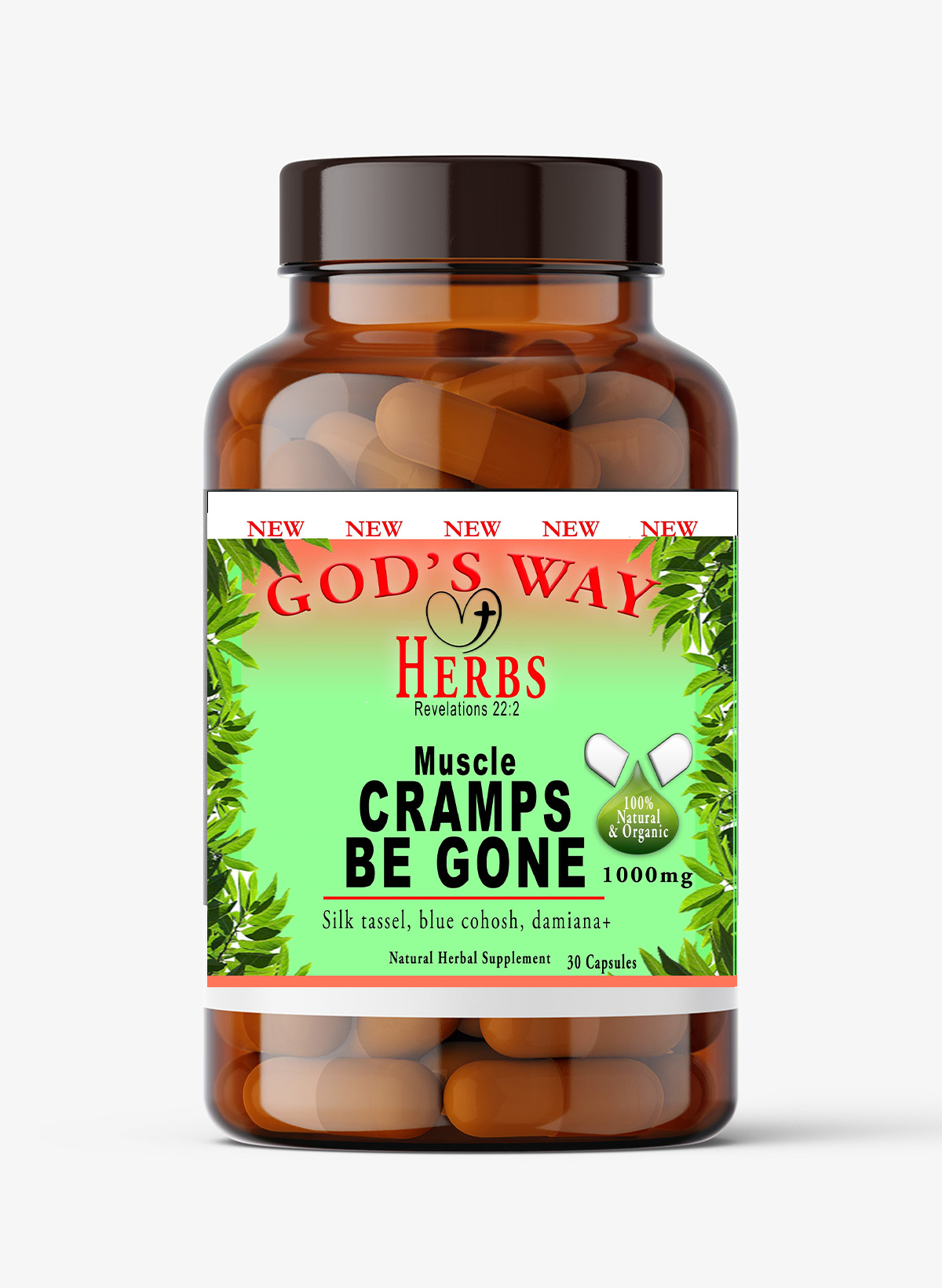Cramps be gone, better comfort for muscles, natural supplement for cramps, silk tassel, blue cohosh, hyssop, damiana