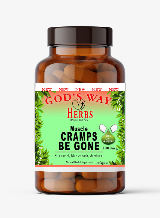 Cramps be gone, better comfort for muscles, natural supplement for cramps, silk tassel, blue cohosh, hyssop, damiana