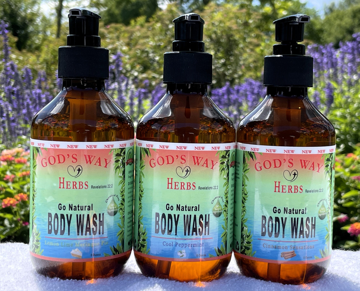 Go Natural Herbal body wash. cleansing, castile, soap, ancient, herbs. biblical, god's way herbs, ex factor, lemon meringue pie, cinnamon sensations, cool mint, victorious battles, adam & eve cleansing body wash by Gods Way Herbs