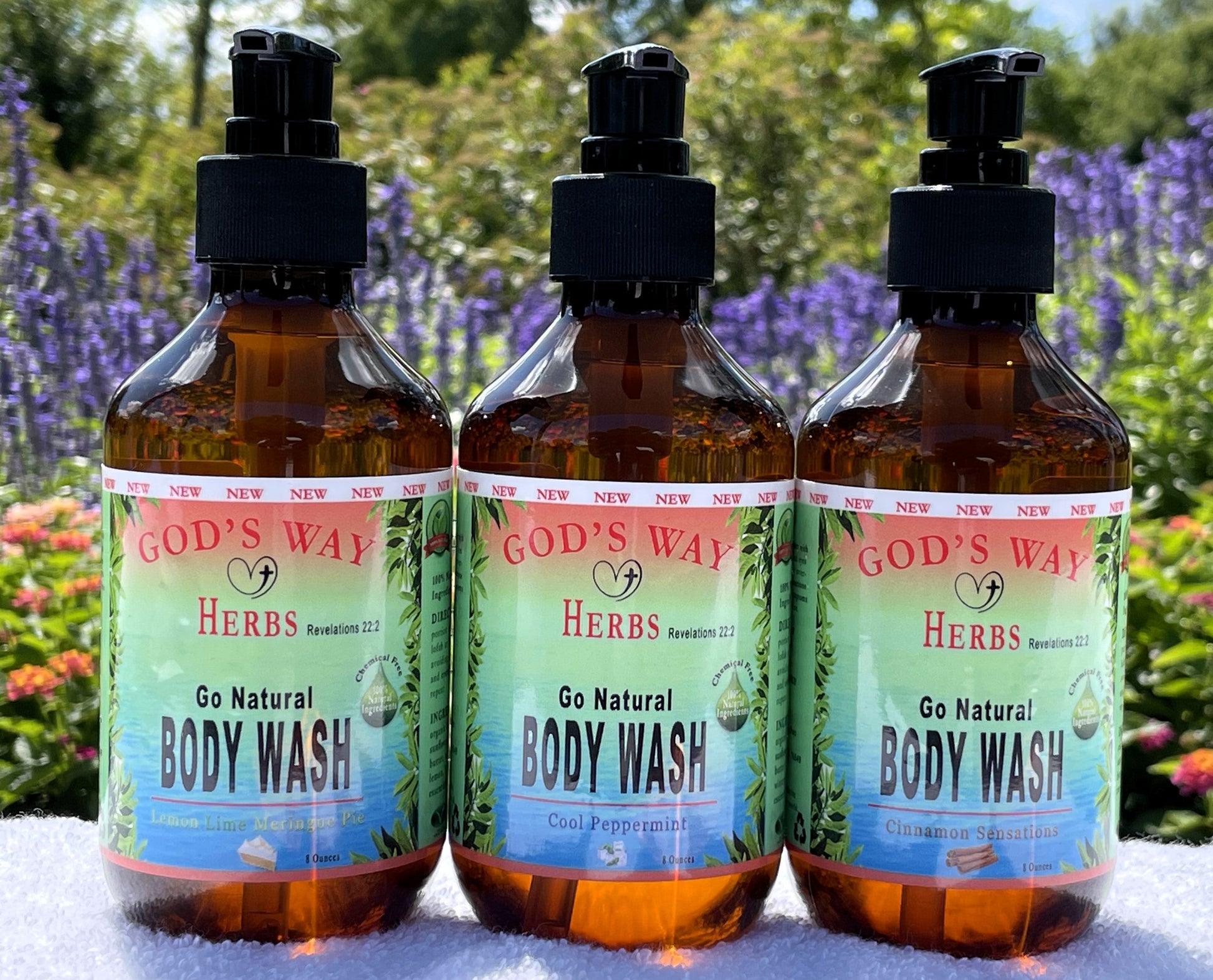 Go Natural Herbal body wash. cleansing, castile, soap, ancient, herbs. biblical, god's way herbs, ex factor, lemon meringue pie, cinnamon sensations, cool mint, victorious battles, adam & eve cleansing body wash by Gods Way Herbs