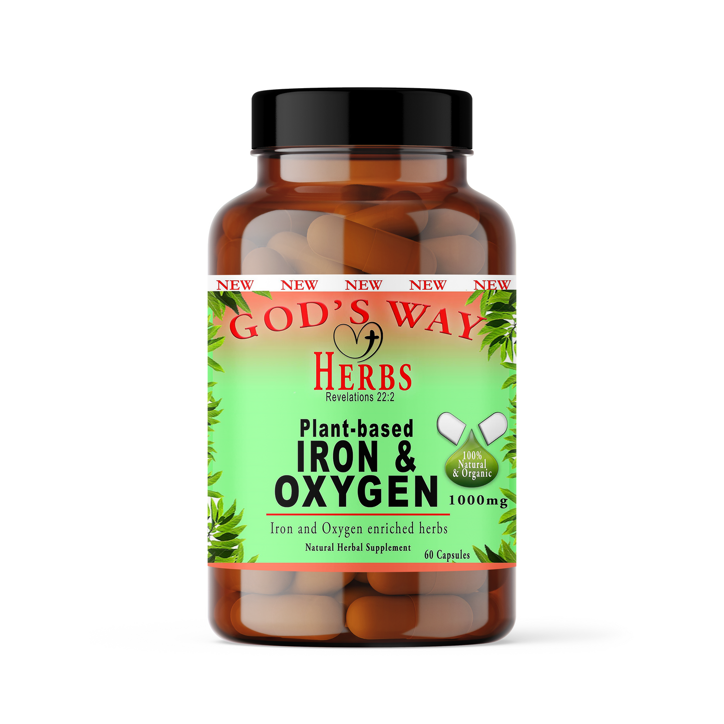 Plant-based Iron & Oxygen (60ct) Multi Vitamin by God's Way Herbs- Natural Herbal Supplements, moringa, stinging nettle, blessed thistle, quassia, bladderwack, chaparral and more!