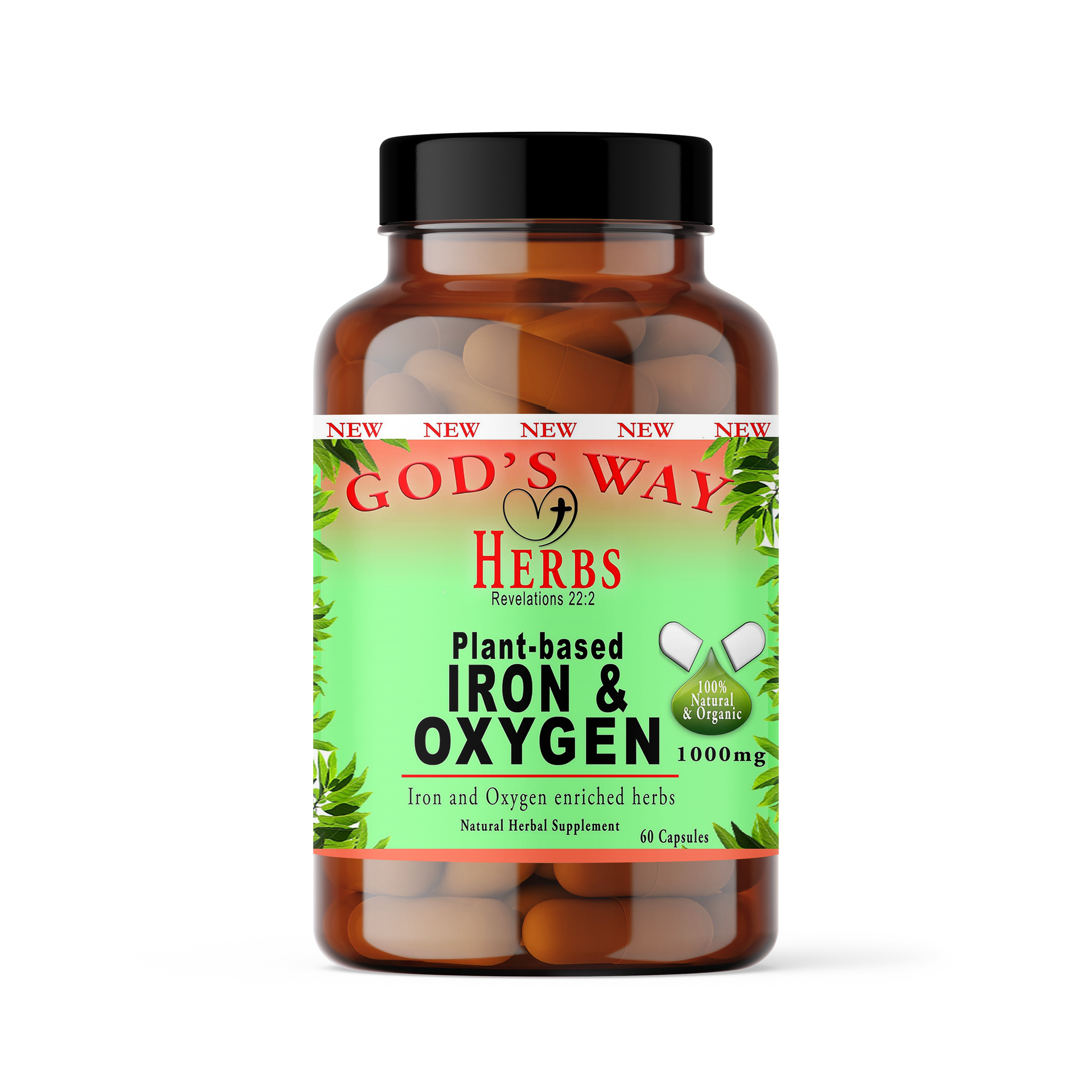 Plant-based Iron & Oxygen (60ct) Multi Vitamin by God's Way Herbs- Natural Herbal Supplements, moringa, stinging nettle, blessed thistle, quassia, bladderwack, chaparral and more!