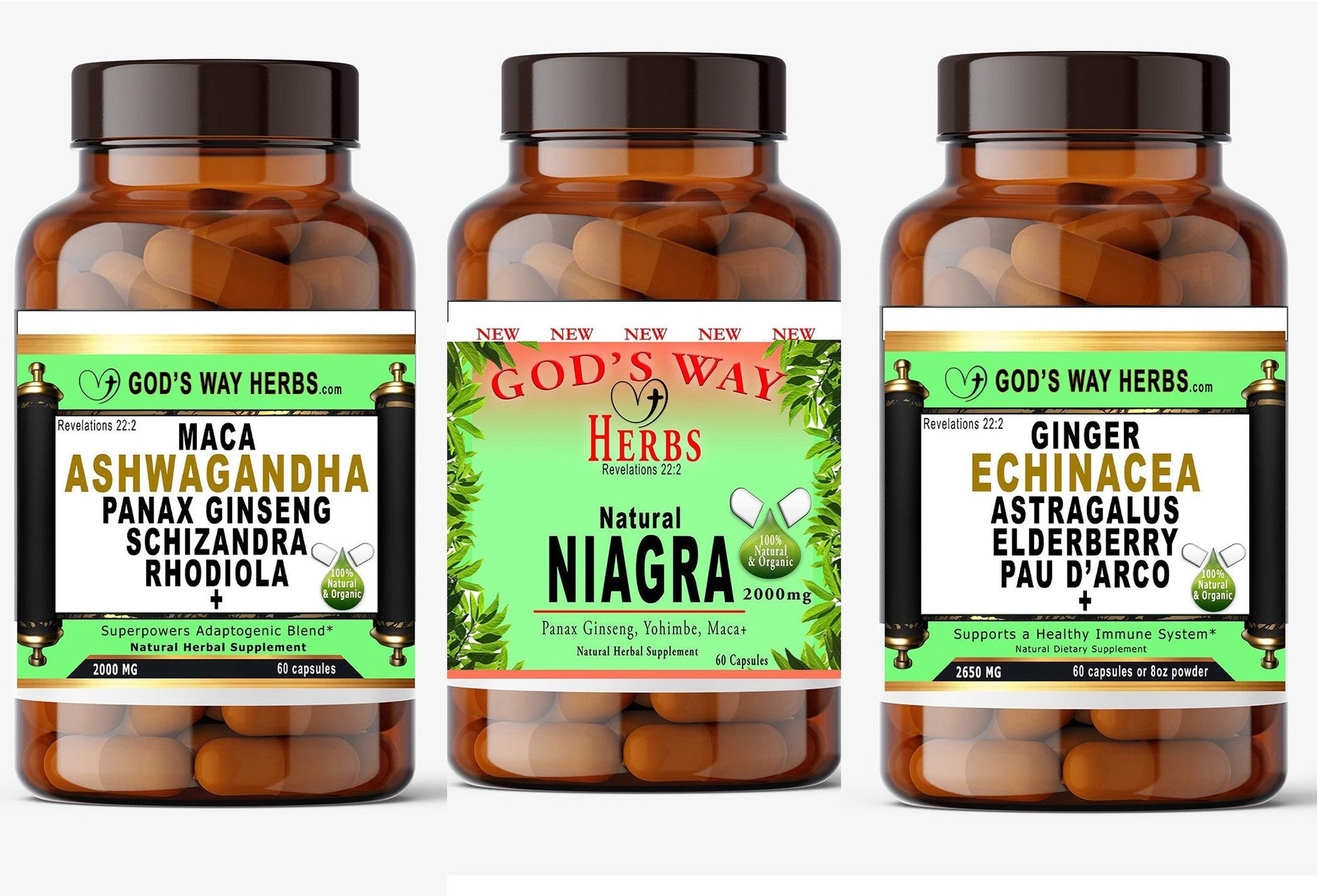 Man Power Trio, Natural Herbal Supplements for Men with Niagra 60ct, Prosto 60ct and Superpowers 60ct by Gods Way Herbs, yohimbe, damiana, maca, horny goat, weed, saw palmetto, sarsaparilla and more!