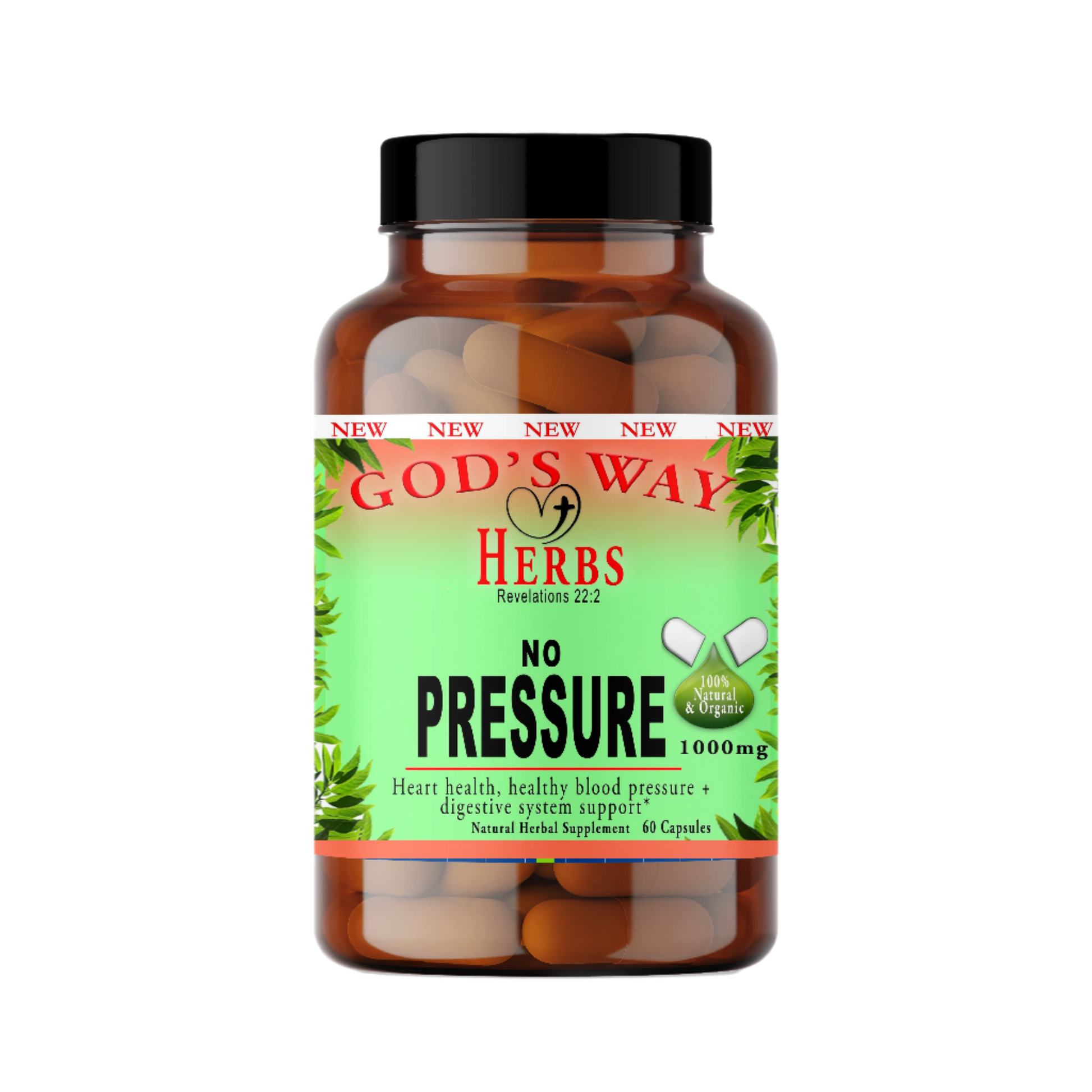 No Pressure (60ct) natural herbal supplements, digestion, heart health, pressure, immunity by god's way herbs, dandelion root, chaparral, nopal cactus, burdock root and moere!