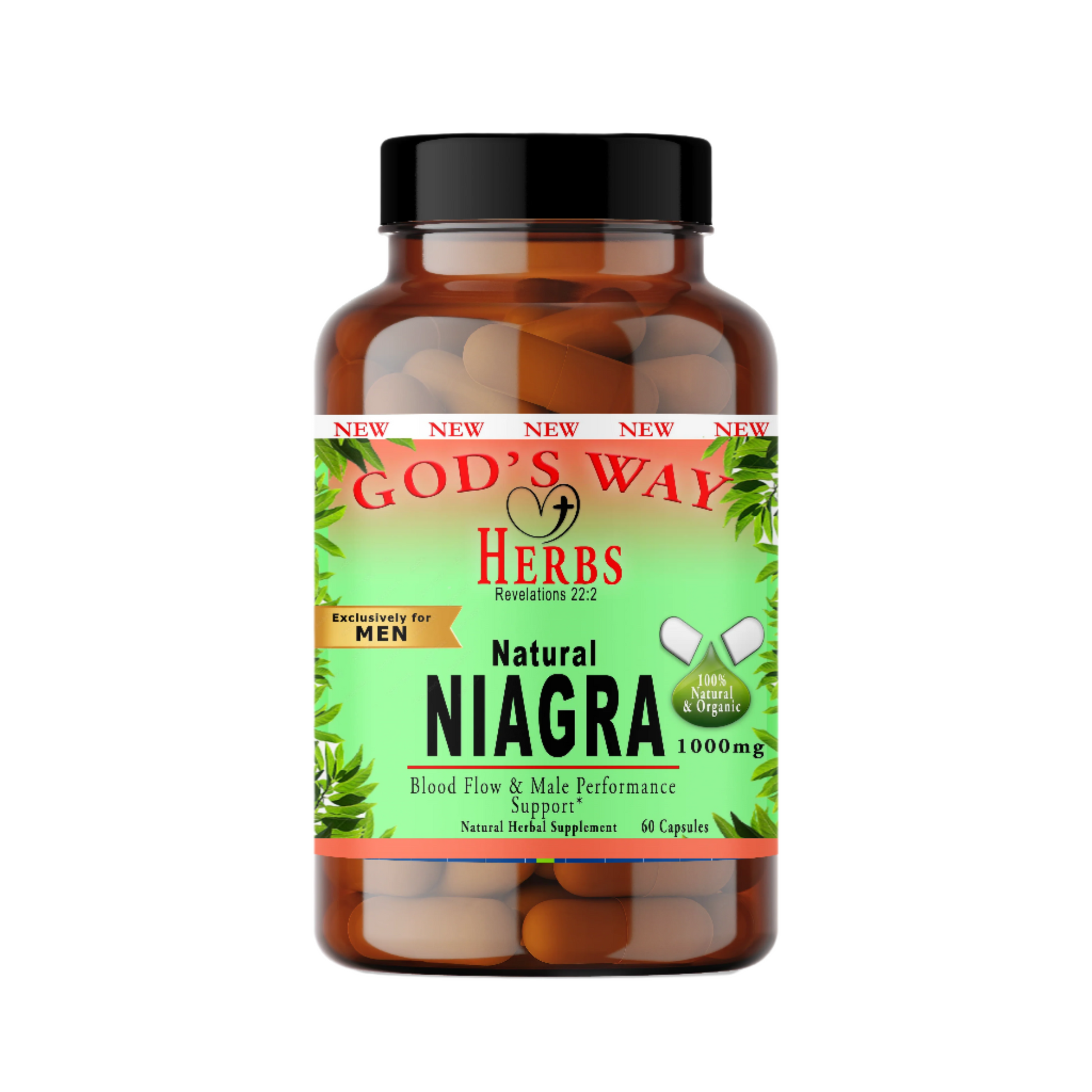 Natural Herbal Supplements for Men with Niagra 60ct by Gods Way Herbs, yohimbe, damiana, maca, horny goat, weed, saw palmetto, sarsaparilla and more!