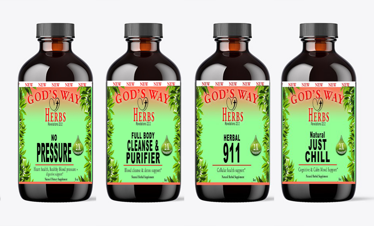 Power Tonics Specialty Package by Gods Way Herbs includes 2 Full Body Detox & Purifier 60ct, 2 No Pressure 60ct heart health and digestion formula, 2 Herbal 911 60ct promotes cellular wellness and immunity, 2 Just Chill 60ct Calming Mood Support and Skeletor joint and mobility and thyroid health support