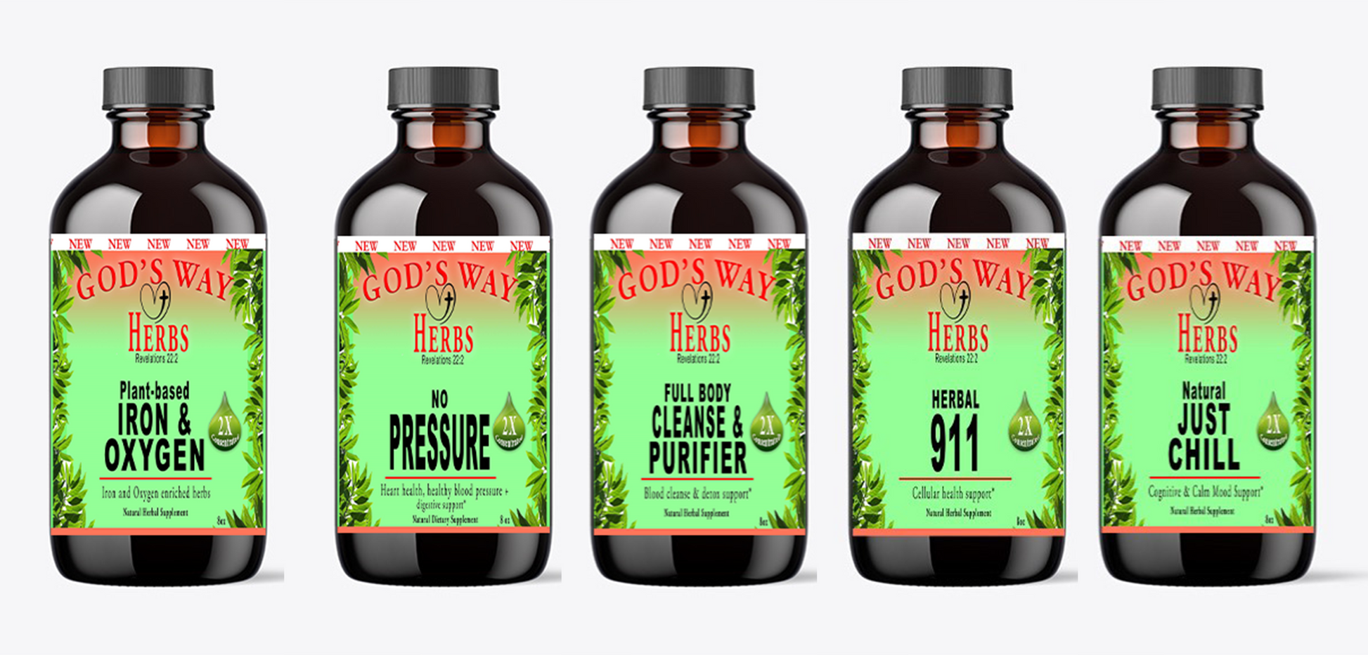 Power Tonics Specialty Package by Gods Way Herbs includes 2 Full Body Detox & Purifier 60ct, 2 No Pressure 60ct heart health and digestion formula, 2 Herbal 911 60ct promotes cellular wellness and immunity, 2 Just Chill 60ct Calming Mood Support and Skeletor joint and mobility and thyroid health support, iron, oxygen