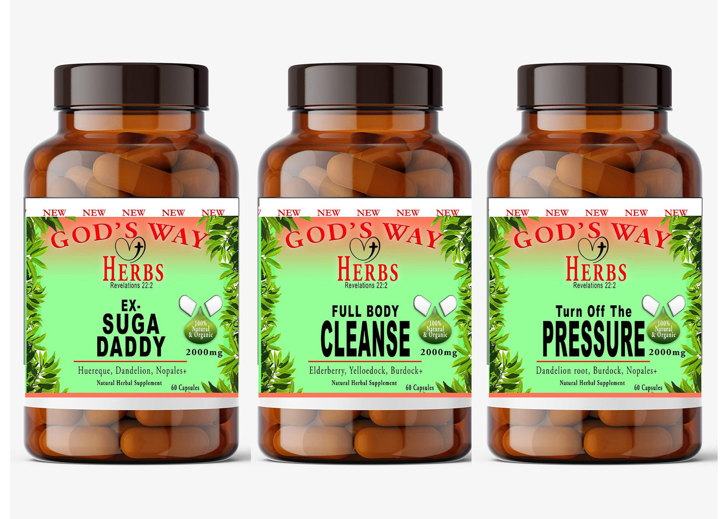 Sugar and Heart health wellness package #5 by Gods Way Herbs, natural supplements, detox, heart, sugar levels support, cleanse, elderberry, nopal cactus, burdock root, yellowdock, chaparral, huereque, prodijiosa and more!