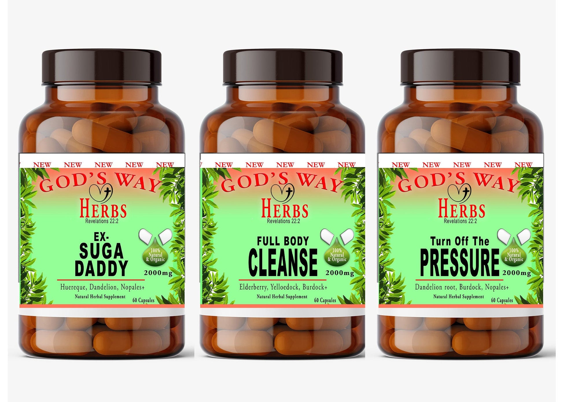 Sugar and Heart health wellness package #5 by Gods Way Herbs, natural supplements, detox, heart, sugar levels support, cleanse, elderberry, nopal cactus, burdock root, yellowdock, chaparral, huereque, prodijiosa and more!