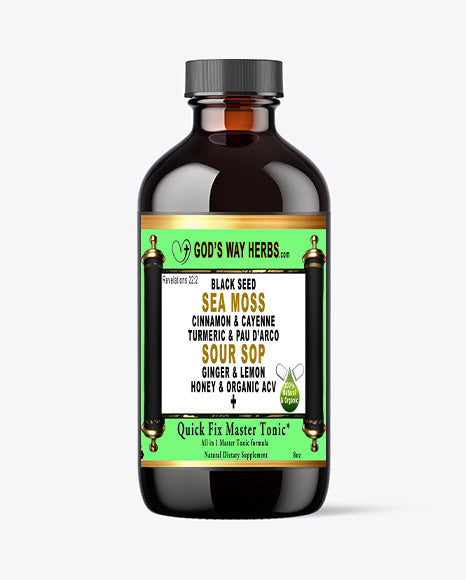 Quick Fix Master Tonic, Dr Sebi inspired herbs like Irish sea moss, sour sop, black seed oil, ginger, turmeric, cayenne, honey, lemon, apple cider vinegar and more by God's Way Herbs