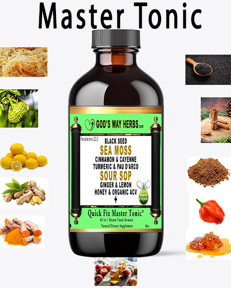 Quick Fix Master Tonic, Dr Sebi inspired herbs like Irish sea moss, sour sop, black seed oil, ginger, turmeric, cayenne, honey, lemon, apple cider vinegar and more by God's Way Herbs
