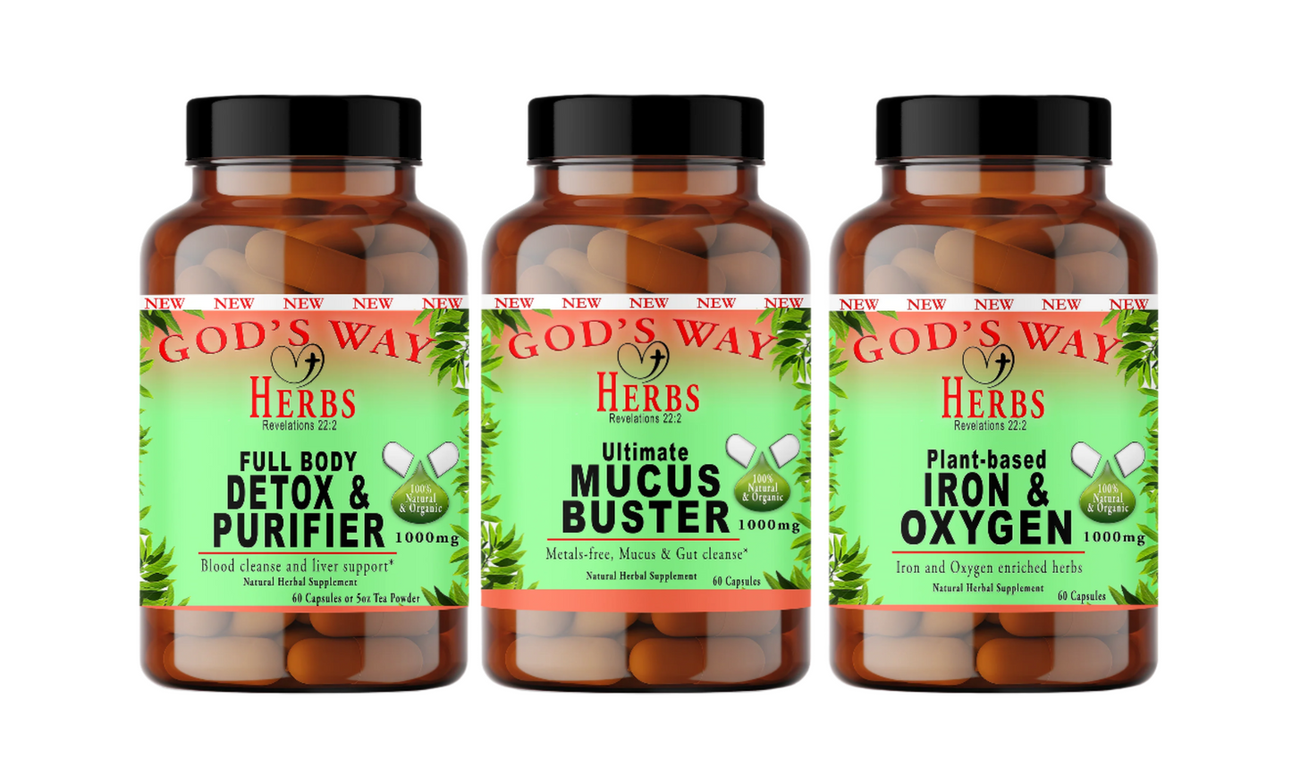 water fast herbal supplement package by Gods Way Herbs, Iron & Oxygen 60ct, Full Body Detox & Purifier, cleanse and Mucus Buster 60ct metal-free cleanse and gut detox