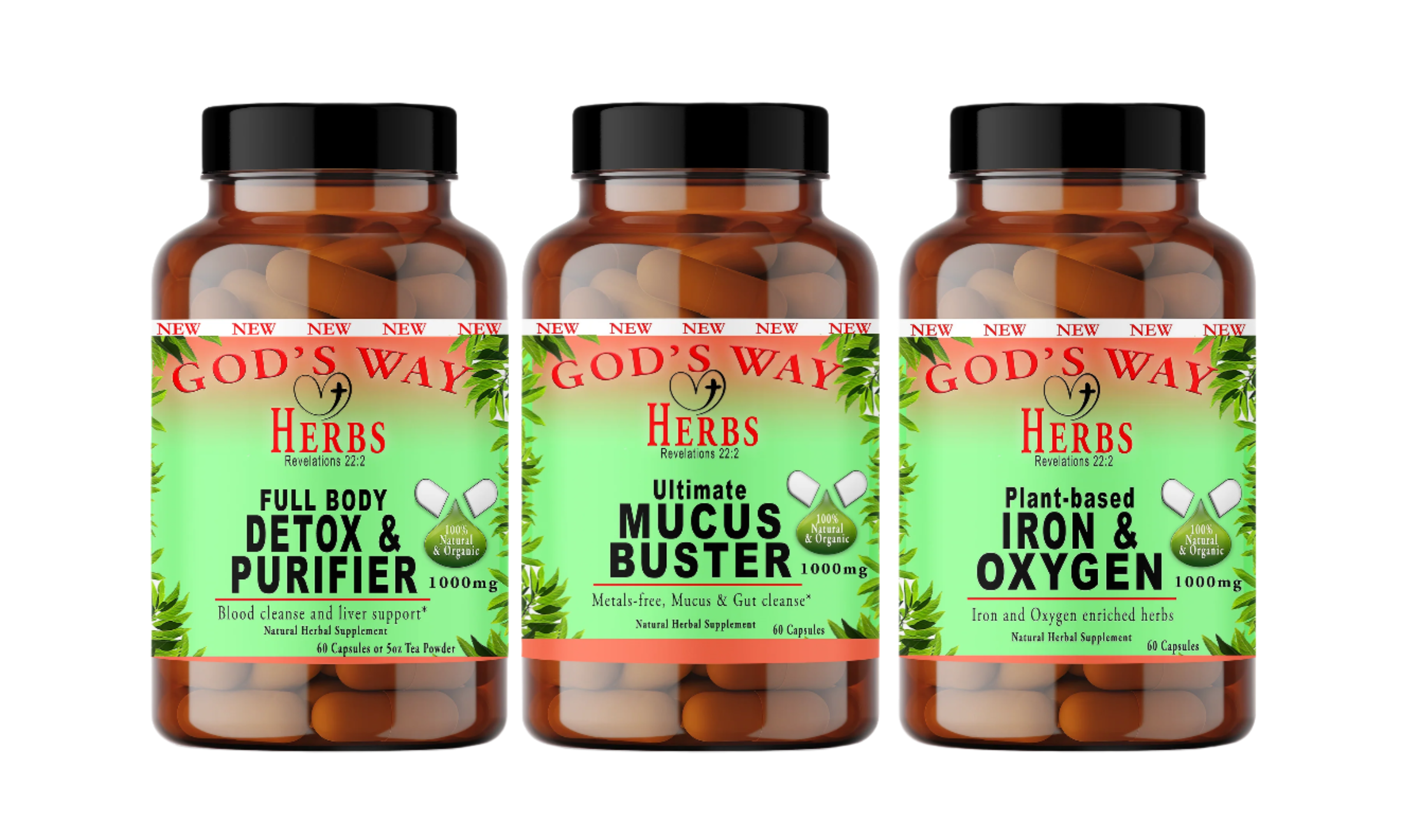 water fast herbal supplement package by Gods Way Herbs, Iron & Oxygen 60ct, Full Body Detox & Purifier, cleanse and Mucus Buster 60ct metal-free cleanse and gut detox