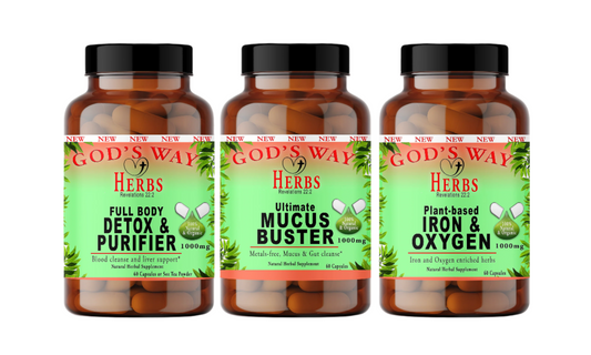 water fast herbal supplement package by Gods Way Herbs, Iron & Oxygen 60ct, Full Body Detox & Purifier, cleanse and Mucus Buster 60ct metal-free cleanse and gut detox