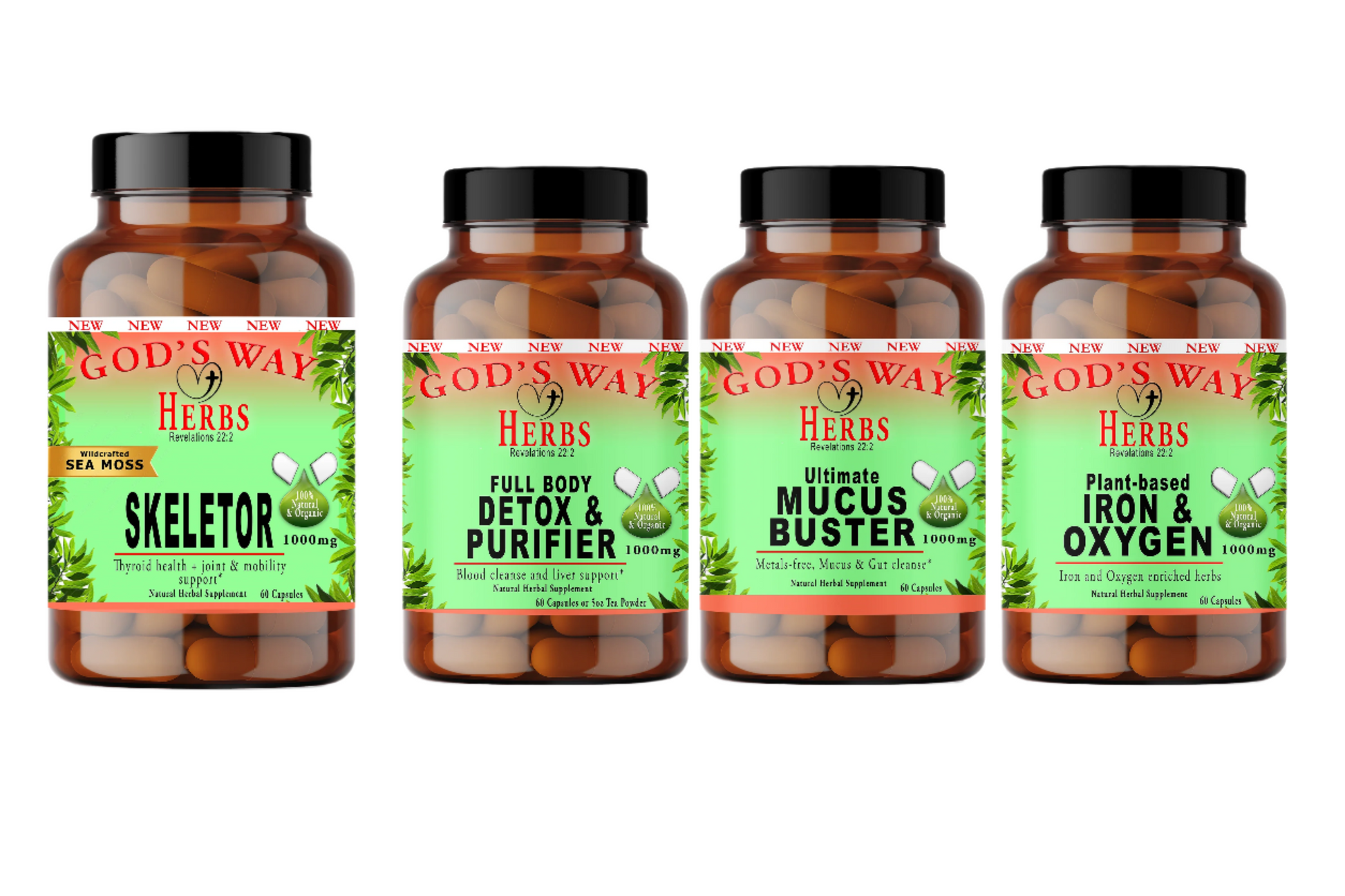 water fast herbal supplement package by Gods Way Herbs, Iron & Oxygen 60ct, Full Body Detox & Purifier, cleanse and Mucus Buster 60ct metal-free cleanse and gut detox and Skeletor joint and mobility support, 60ct, thyroid, supplements