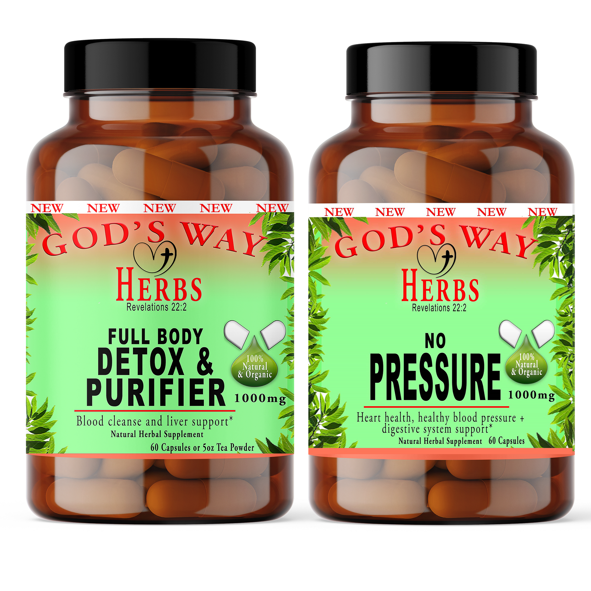Wellness Package #1 with Full Body Detox & Prifier natural herbal cleanse, No Pressure (60ct) natural herbal supplements, digestion, heart health, pressure, immunity by god's way herbs, dandelion root, chaparral, nopal cactus, burdock root, elderberry, yellowdock and more!